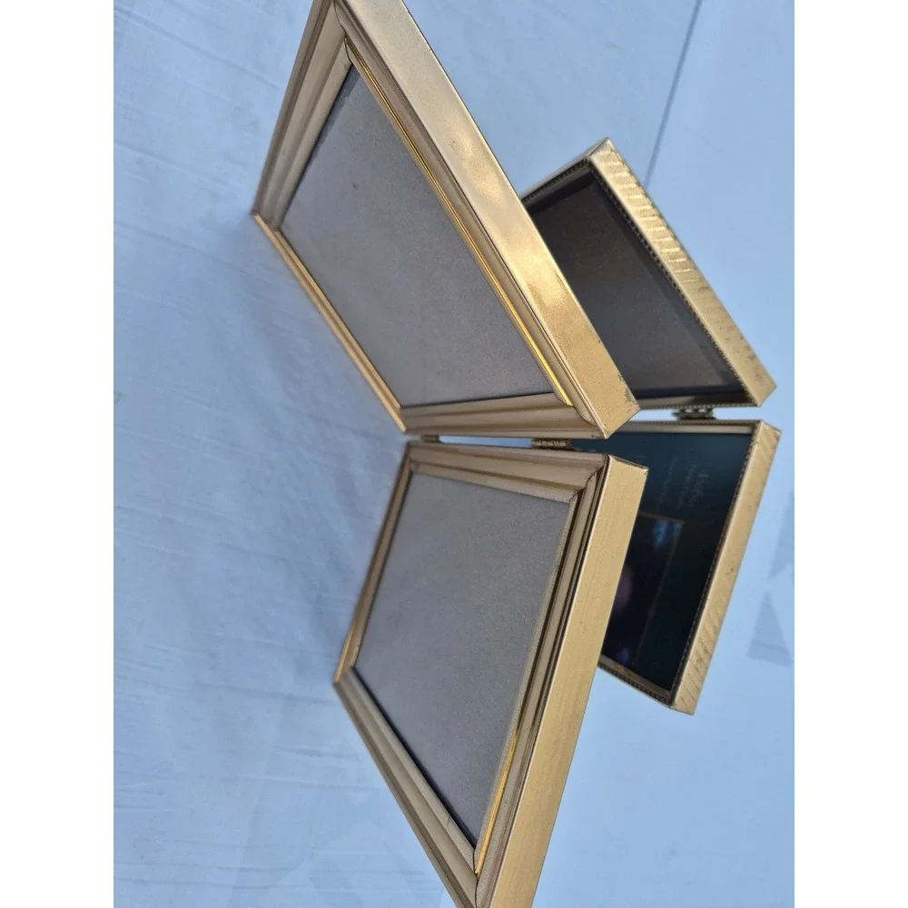 Vintage Intercraft Gold Metal Folding Double Picture Frames Set of 2 Beaded Edge
